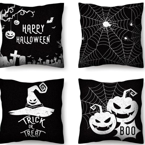 Halloween Pillow Covers 18x18 4PCS Pumpkin Witch Hat Linen Throw Pillow - Picture 1 of 1